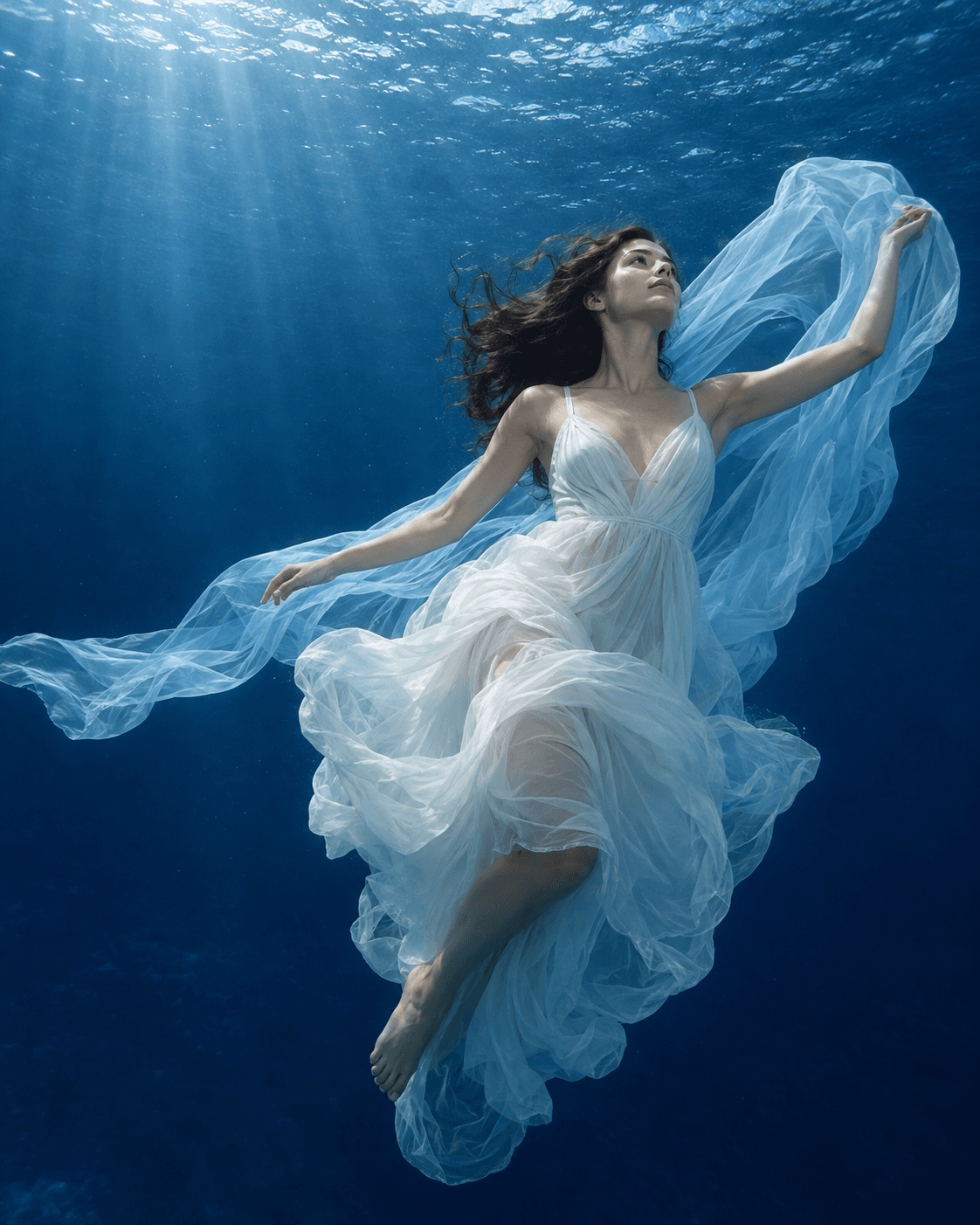 Инструктор DiveDiva в белом платье под водой