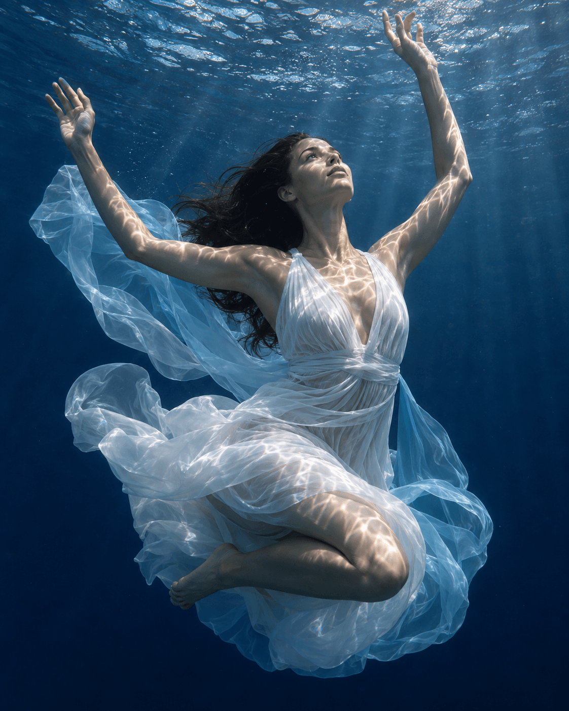 Инструктор DiveDiva в подводной танцевальной позе с солнечными бликами на коже